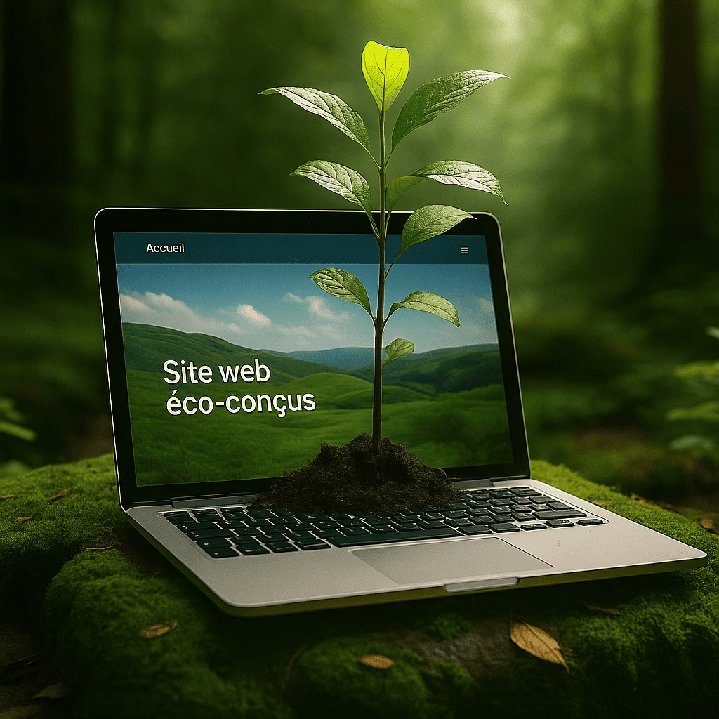 Ordinateur portable dans une forêt avec un petit arbre poussant sur le clavier, illustrant la création de sites web éco-conçus