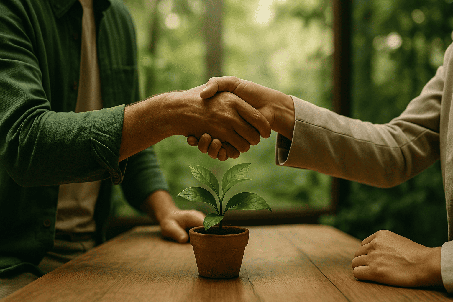 Poignée de main dans une forêt symbolisant un partenariat éco-responsable pour la création de sites web durables à Lyon